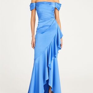 Off-Shoulder Cascade Ruffle Evening Dress in Cornflower Blue